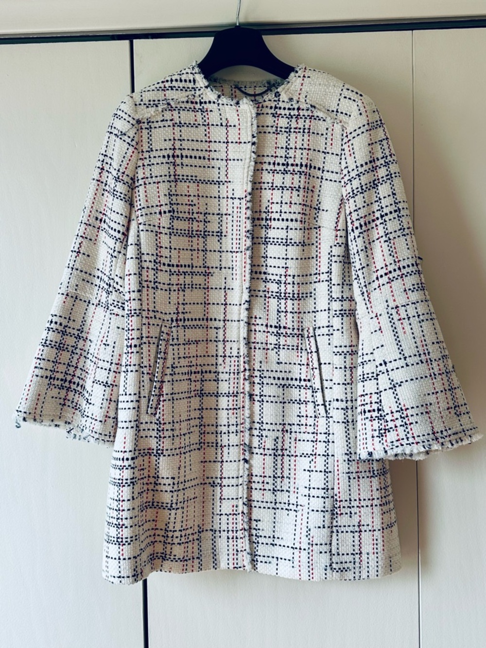 Banana Republic Ivory Tweed Coat with Navy & Red Pattern.